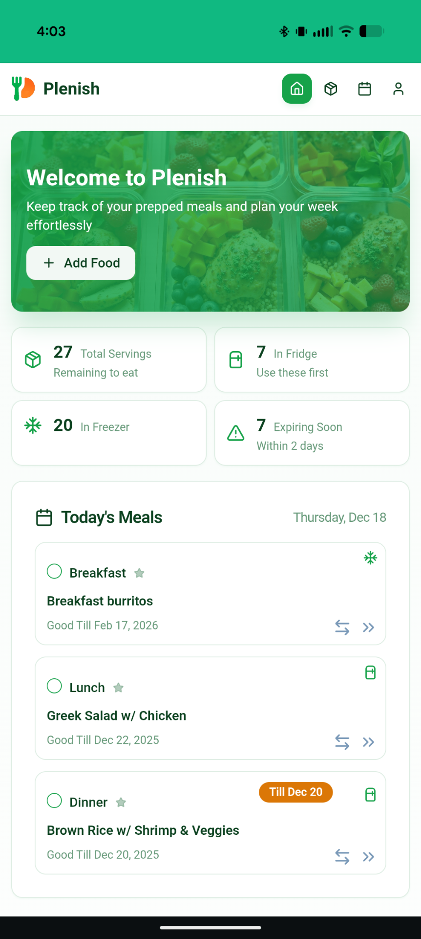 Plenish App Dashboard - Track your meal prep inventory