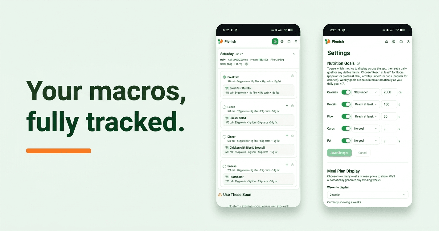 Plenish mobile screens showing macro goal settings and daily nutrition summary